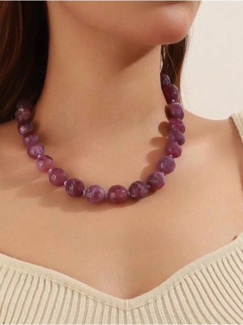 NWT Purple Beaded Necklace Polished Statement Jewelry